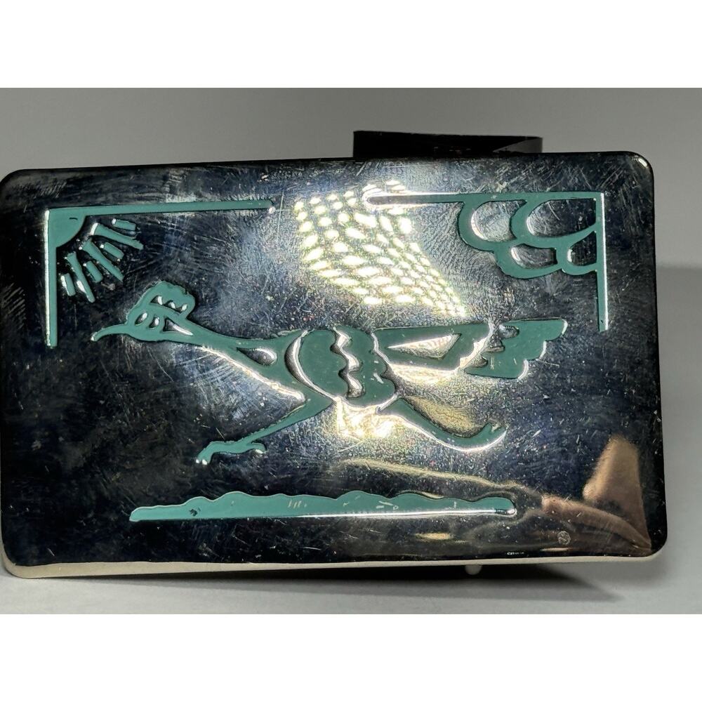 Road Runner Belt Buckle Silver Tone Turquoise Color Rectangular Chambers USA Ma
